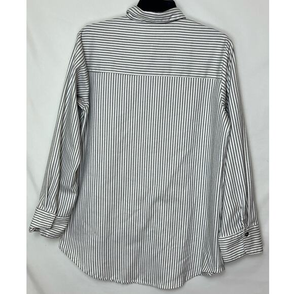 POL Women’s Size S White/Black Striped Long Sleeve Collared Button Front Shirt - Picture 2 of 8